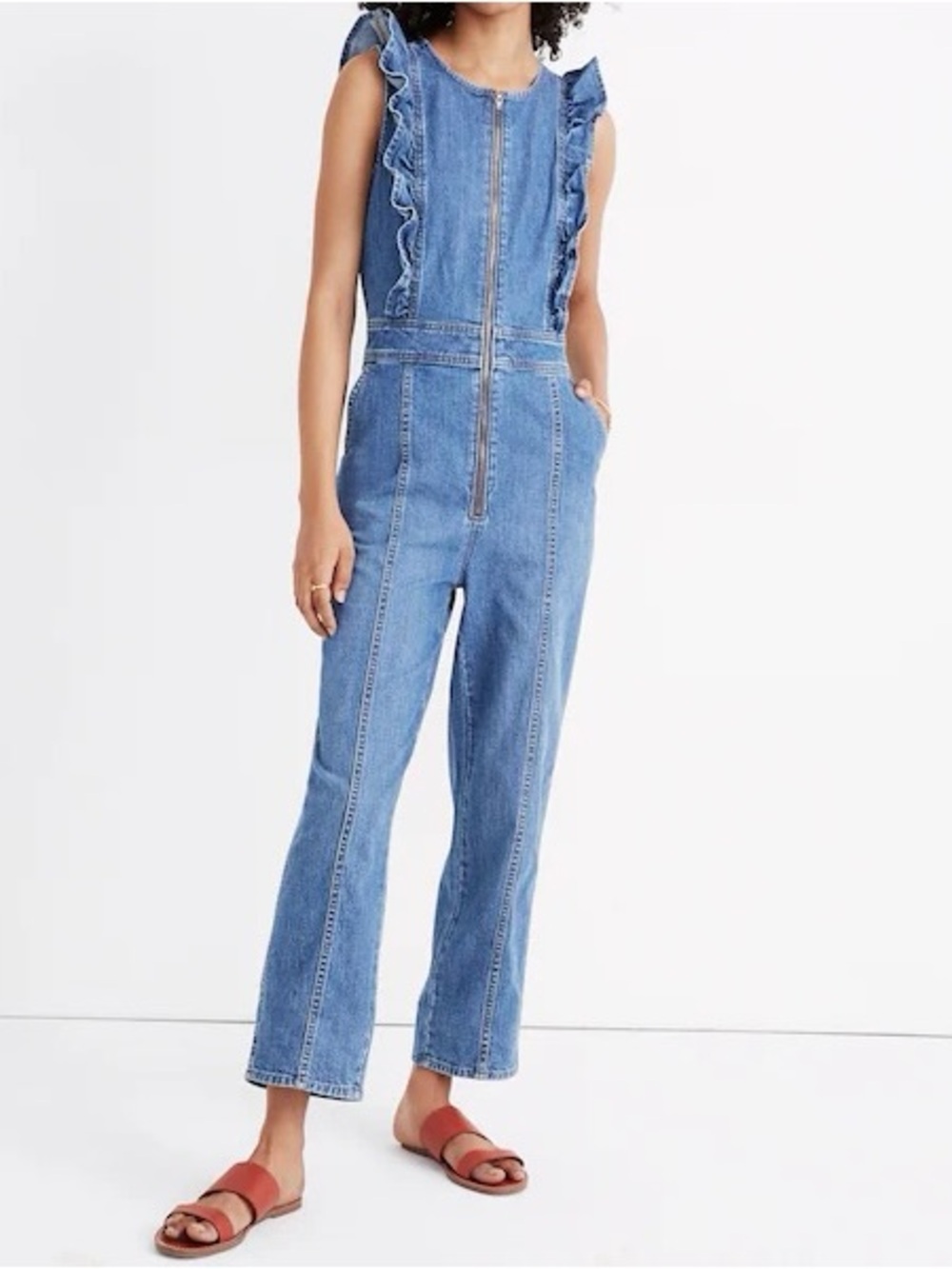 Hayden New York Denim Ruffle-Trim Jumpsuit in Light Blue